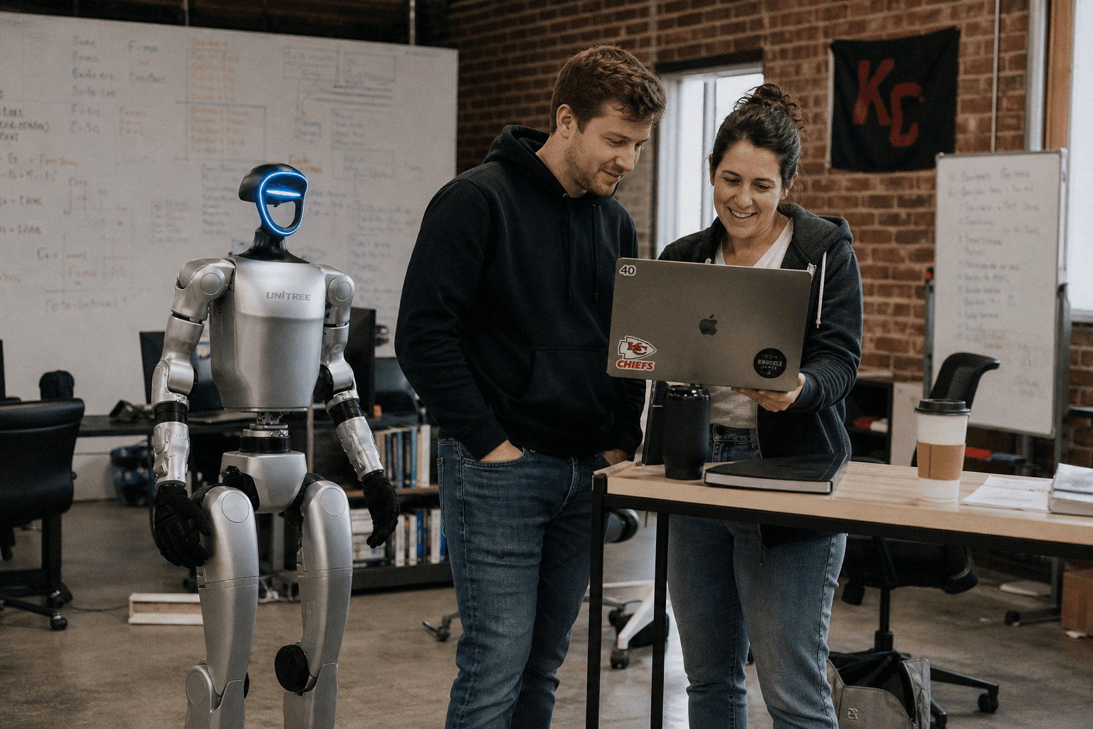 Eyegentic founders working alongside a Unitree G1 in their Kansas City workspace