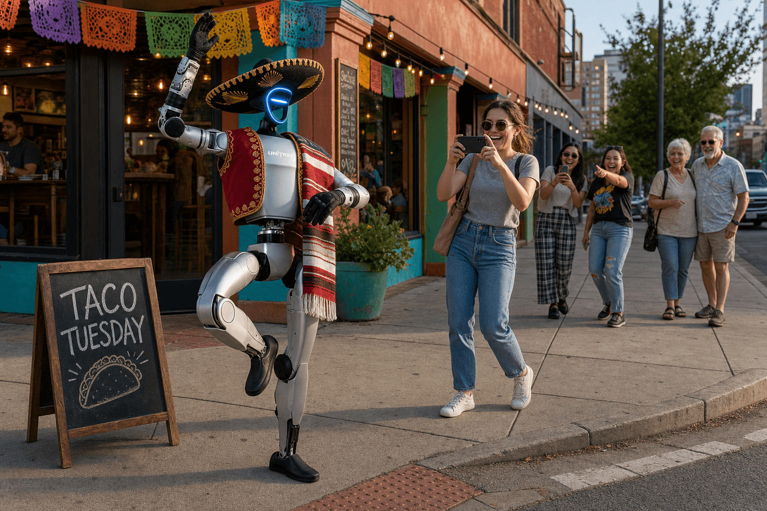 Abmoula humanoid robot dressed in mariachi costume dancing outside a Mexican restaurant as people stop to film