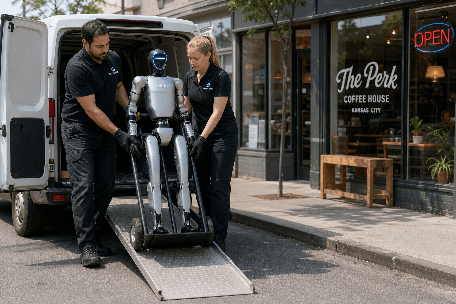 Eyegentic technicians delivering the G1 robot to a KC coffee shop