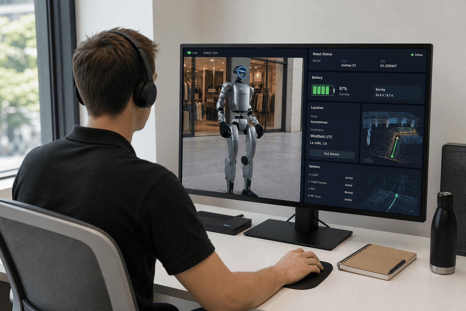 Eyegentic remote operator monitoring a live robot session from a dashboard