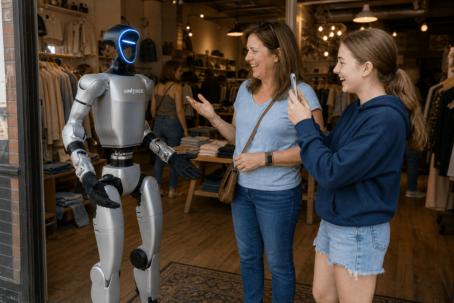 G1 robot greeting customers in a Kansas City boutique retail store