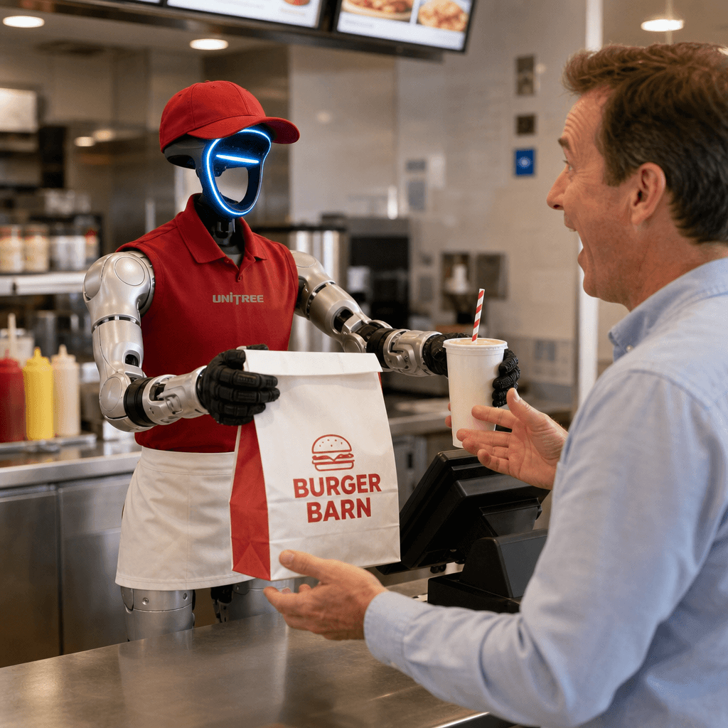 Abmoula the humanoid robot in a red BURGER BARN polo and white apron hands a branded paper bag and a soft drink across the counter to a smiling customer at a fast-food restaurant